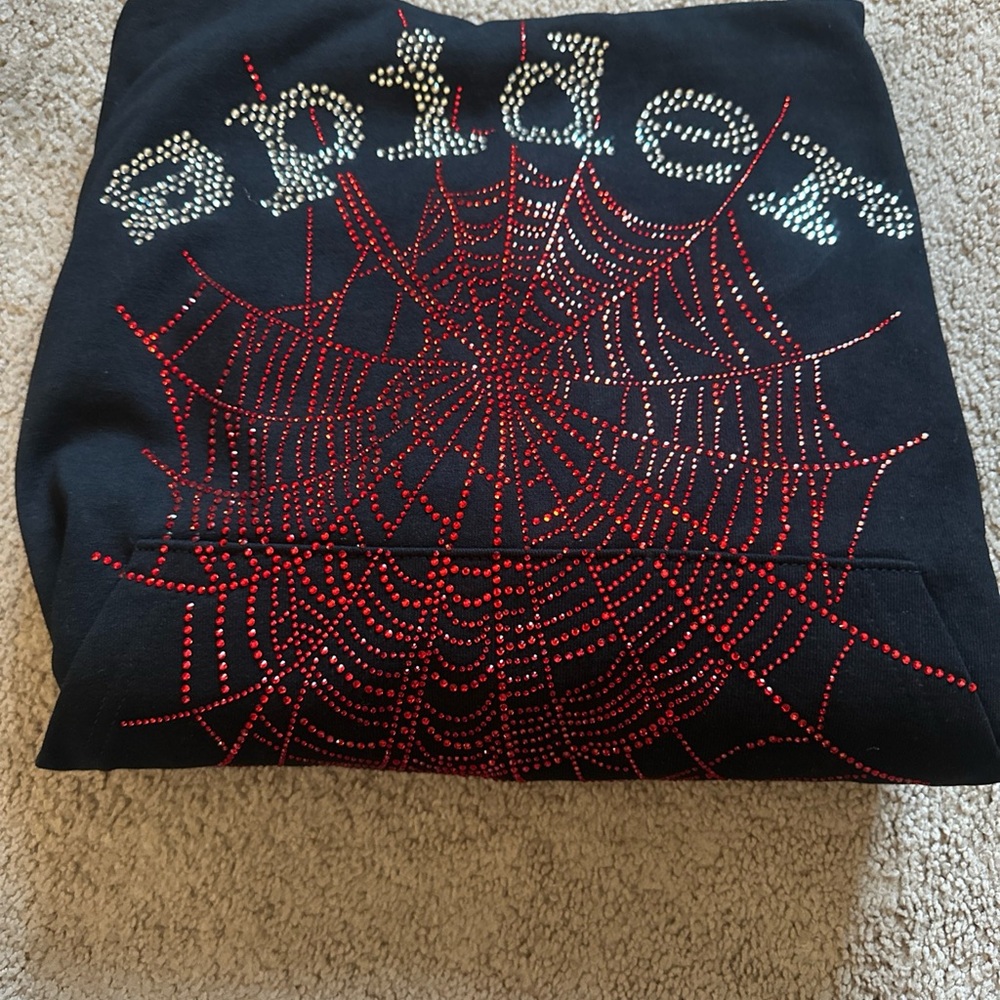Black Sp5der Hoodie with Red Web and Rhinestone Design
